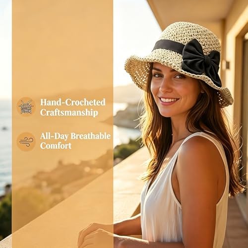 Elegant Woven Straw Sun Hat with Bow, Women Foldable & Breathable Straw Hat for Summer, Wide Brim Sun Hat for Travel