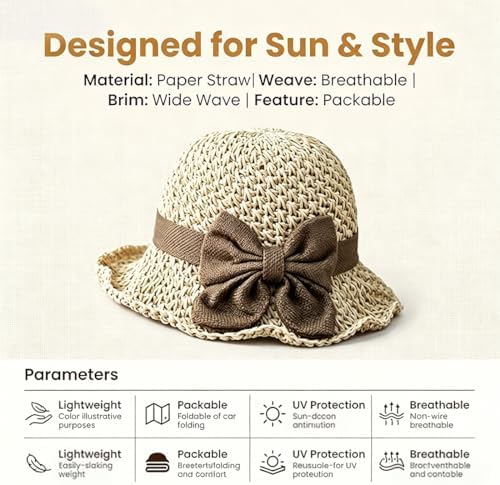 Elegant Woven Straw Sun Hat with Bow, Women Foldable & Breathable Straw Hat for Summer, Wide Brim Sun Hat for Travel