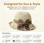 Elegant Woven Straw Sun Hat with Bow, Women Foldable & Breathable Straw Hat for Summer, Wide Brim Sun Hat for Travel