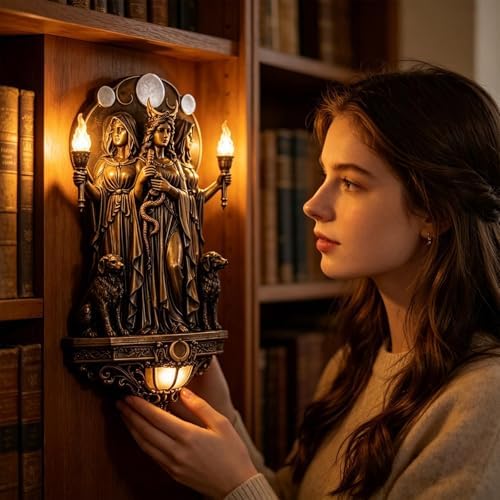 Premium Resin Hecate Statue 3-Headed Greek Goddess Wall Sculpture, Gothic Style Home Decor, Underworld Hekate with Hounds Figurine for Halloween, Fireplace Decor and Witch Altar Gift (7.87in)