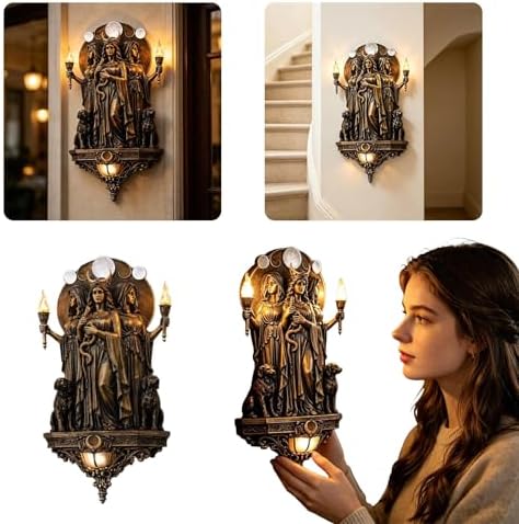 Premium Resin Hecate Statue 3-Headed Greek Goddess Wall Sculpture, Gothic Style Home Decor, Underworld Hekate with Hounds Figurine for Halloween, Fireplace Decor and Witch Altar Gift (7.87in)
