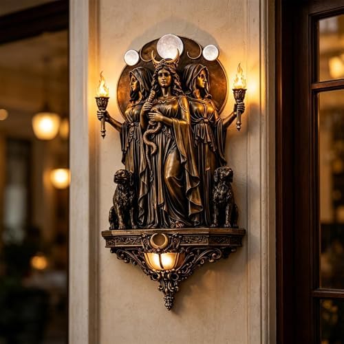 Premium Resin Hecate Statue 3-Headed Greek Goddess Wall Sculpture, Gothic Style Home Decor, Underworld Hekate with Hounds Figurine for Halloween, Fireplace Decor and Witch Altar Gift (7.87in)
