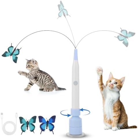 Gugxiom Interactive cat Toy, Automatic Butterfly Cat Wand Toy with Suction Cup and 3 Butterflies, for Indoor Kitten Adult Cats to Play, USB Rechargeable（Blue）