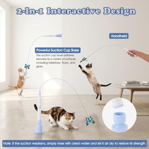 Gugxiom Interactive cat Toy, Automatic Butterfly Cat Wand Toy with Suction Cup and 3 Butterflies, for Indoor Kitten Adult Cats to Play, USB Rechargeable（Blue）