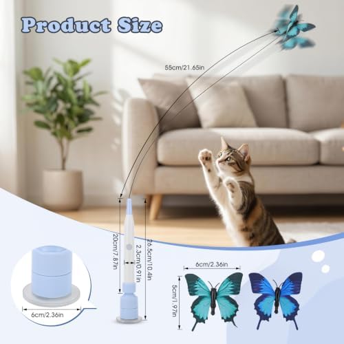 Gugxiom Interactive cat Toy, Automatic Butterfly Cat Wand Toy with Suction Cup and 3 Butterflies, for Indoor Kitten Adult Cats to Play, USB Rechargeable（Blue）