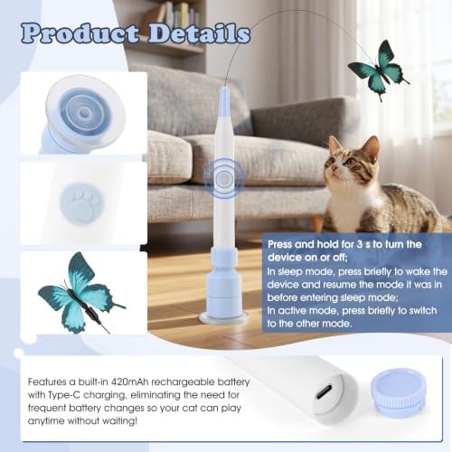 Gugxiom Interactive cat Toy, Automatic Butterfly Cat Wand Toy with Suction Cup and 3 Butterflies, for Indoor Kitten Adult Cats to Play, USB Rechargeable（Blue）