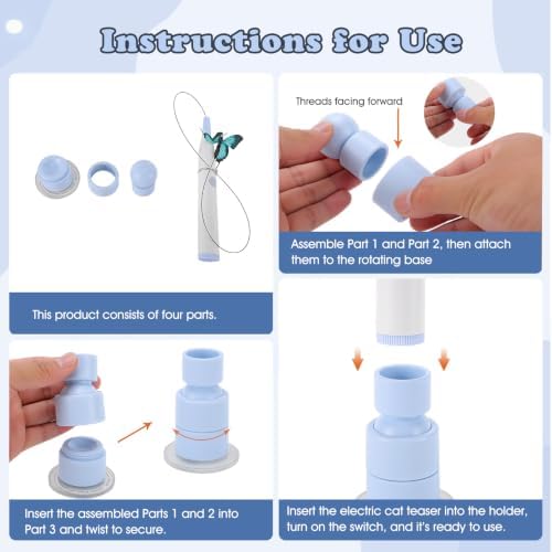 Gugxiom Interactive cat Toy, Automatic Butterfly Cat Wand Toy with Suction Cup and 3 Butterflies, for Indoor Kitten Adult Cats to Play, USB Rechargeable（Blue）
