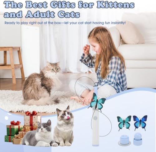 Gugxiom Interactive cat Toy, Automatic Butterfly Cat Wand Toy with Suction Cup and 3 Butterflies, for Indoor Kitten Adult Cats to Play, USB Rechargeable（Blue）