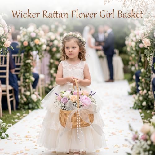 2 Pcs Wedding Flower Girl Basket, 11.8 * 8.7 * 5.1in Wicker Rattan Flower Girl Baskets, with Pearl Handle and 4 Bow, for Wedding Home Decoration Bridal Party