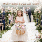 2 Pcs Wedding Flower Girl Basket, 11.8 * 8.7 * 5.1in Wicker Rattan Flower Girl Baskets, with Pearl Handle and 4 Bow, for Wedding Home Decoration Bridal Party