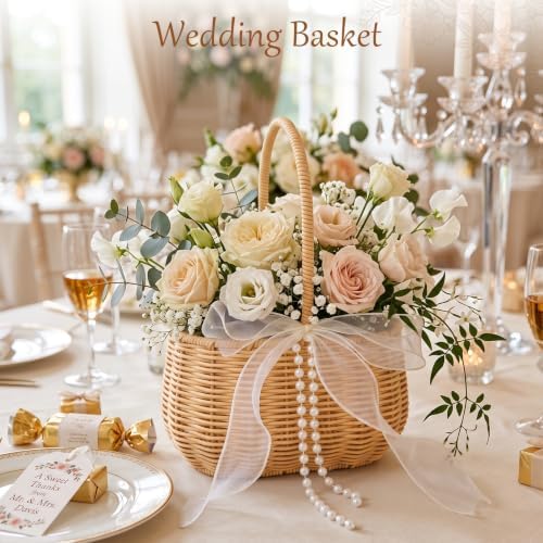 2 Pcs Wedding Flower Girl Basket, 11.8 * 8.7 * 5.1in Wicker Rattan Flower Girl Baskets, with Pearl Handle and 4 Bow, for Wedding Home Decoration Bridal Party