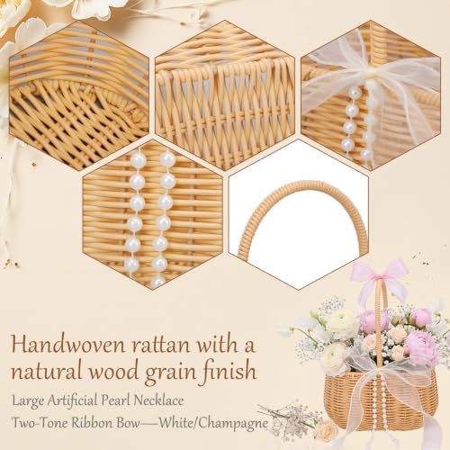 2 Pcs Wedding Flower Girl Basket, 11.8 * 8.7 * 5.1in Wicker Rattan Flower Girl Baskets, with Pearl Handle and 4 Bow, for Wedding Home Decoration Bridal Party