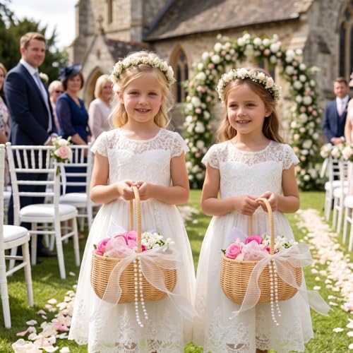 2 Pcs Wedding Flower Girl Basket, 11.8 * 8.7 * 5.1in Wicker Rattan Flower Girl Baskets, with Pearl Handle and 4 Bow, for Wedding Home Decoration Bridal Party