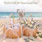 2 Pcs Wedding Flower Girl Basket, 11.8 * 8.7 * 5.1in Wicker Rattan Flower Girl Baskets, with Pearl Handle and 4 Bow, for Wedding Home Decoration Bridal Party