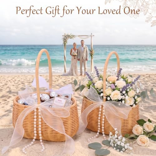 2 Pcs Wedding Flower Girl Basket, 11.8 * 8.7 * 5.1in Wicker Rattan Flower Girl Baskets, with Pearl Handle and 4 Bow, for Wedding Home Decoration Bridal Party