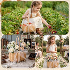 2 Pcs Wedding Flower Girl Basket, 11.8 * 8.7 * 5.1in Wicker Rattan Flower Girl Baskets, with Pearl Handle and 4 Bow, for Wedding Home Decoration Bridal Party