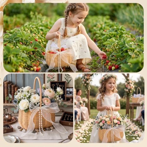 2 Pcs Wedding Flower Girl Basket, 11.8 * 8.7 * 5.1in Wicker Rattan Flower Girl Baskets, with Pearl Handle and 4 Bow, for Wedding Home Decoration Bridal Party