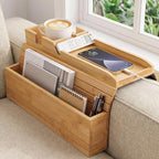 Bamboo Couch Armrest Tray with Storage Caddy for Drinks TV Remote Snacks