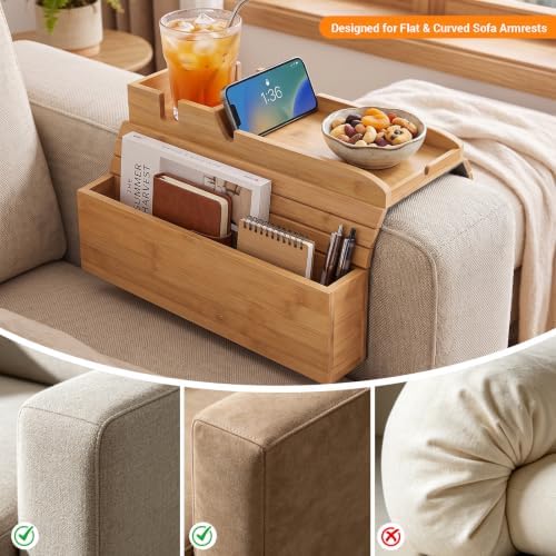 Bamboo Couch Armrest Tray with Storage Caddy for Drinks TV Remote Snacks