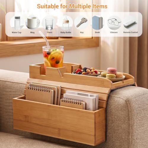 Bamboo Couch Armrest Tray with Storage Caddy for Drinks TV Remote Snacks
