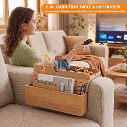 Bamboo Couch Armrest Tray with Storage Caddy for Drinks TV Remote Snacks