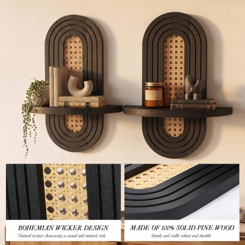 Boho Arched Rattan Floating Shelves, 2 Set Decorative Wall Plant Holder