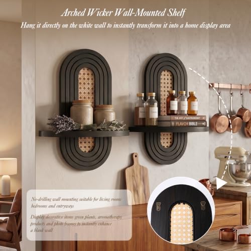 Boho Arched Rattan Floating Shelves, 2 Set Decorative Wall Plant Holder