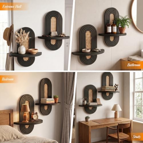 Boho Arched Rattan Floating Shelves, 2 Set Decorative Wall Plant Holder