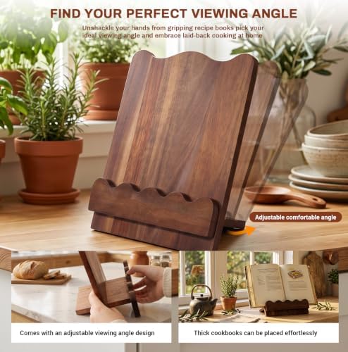 Scalloped Wooden Cookbook Holder for Kitchen Counter, Recipe Book Stand
