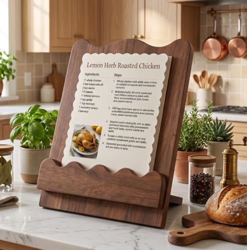 Scalloped Wooden Cookbook Holder for Kitchen Counter, Recipe Book Stand