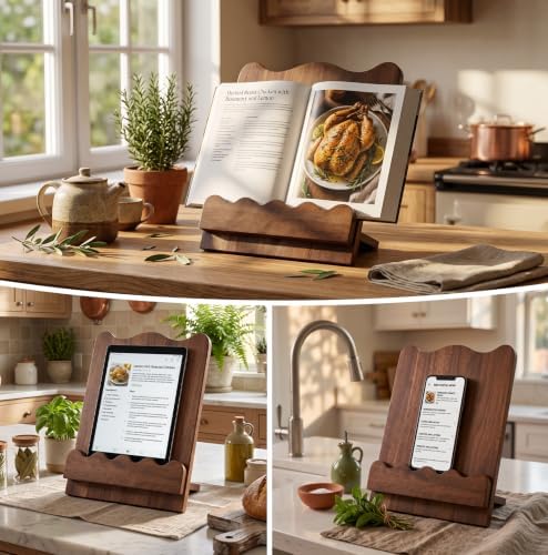 Scalloped Wooden Cookbook Holder for Kitchen Counter, Recipe Book Stand