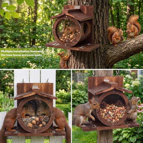 Wooden Squirrel Feeders for Outside, Backyard Feeding House