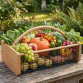 Garden Harvest Basket, Wooden Garden Basket with Metal Mesh Handle