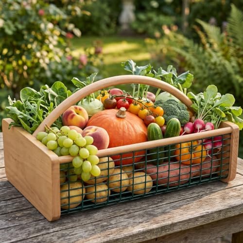 Garden Harvest Basket, Wooden Garden Basket with Metal Mesh Handle