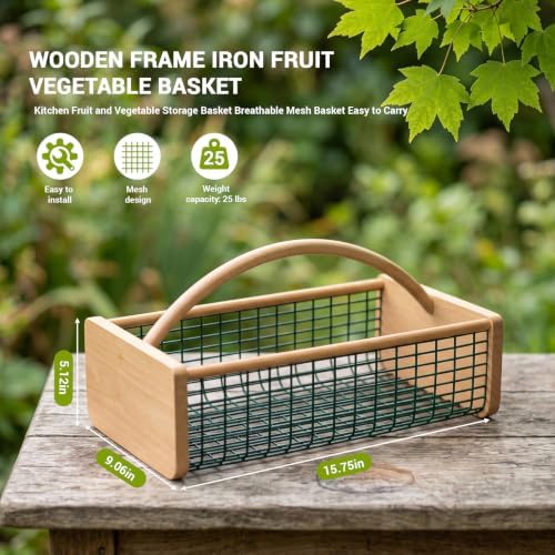 Garden Harvest Basket, Wooden Garden Basket with Metal Mesh Handle