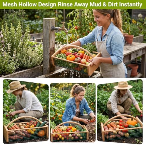 Garden Harvest Basket, Wooden Garden Basket with Metal Mesh Handle