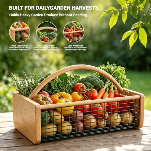 Garden Harvest Basket, Wooden Garden Basket with Metal Mesh Handle