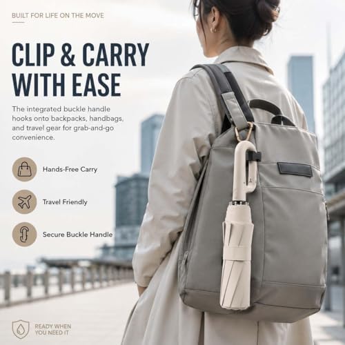 Creative Ring Buckle Windproof Reinforced Umbrella, Automatic Open Close Travel Umbrella with Carabiner Handle, UPF 50+ UV Protection, Compact Windproof Folding Umbrella for Commute, Travel
