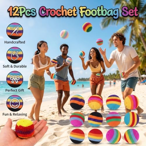 2026 New 12Pcs Crochet Footbag Set, Knitted Kick Balls, Handmade Colorful Juggling Toss Bags, for Outdoor Games Party