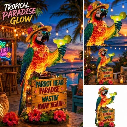 Resin Solar Parrot Garden Light Ground Stake, Waterproof Outdoor Solar Stake Light Tropical Yard Decor for Patio, Lawn, Pathway Flower Bed, Unique Gift for Gardeners (Cheer Summer)