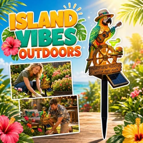 Resin Solar Parrot Garden Light Ground Stake, Waterproof Outdoor Solar Stake Light Tropical Yard Decor for Patio, Lawn, Pathway Flower Bed, Unique Gift for Gardeners (Ukulele & Cocktail)