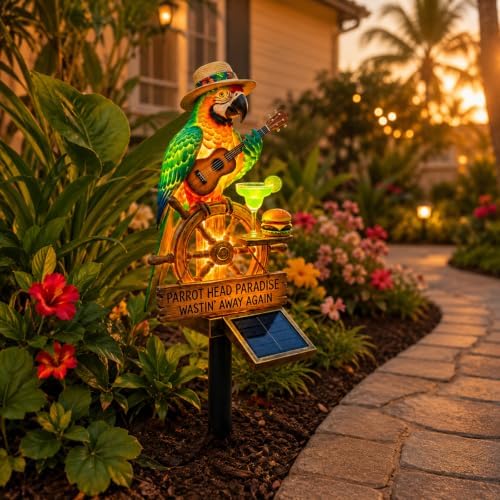 Resin Solar Parrot Garden Light Ground Stake, Waterproof Outdoor Solar Stake Light Tropical Yard Decor for Patio, Lawn, Pathway Flower Bed, Unique Gift for Gardeners (Ukulele & Cocktail)