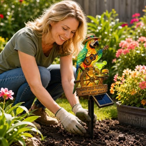 Resin Solar Parrot Garden Light Ground Stake, Waterproof Outdoor Solar Stake Light Tropical Yard Decor for Patio, Lawn, Pathway Flower Bed, Unique Gift for Gardeners (Ukulele & Cocktail)