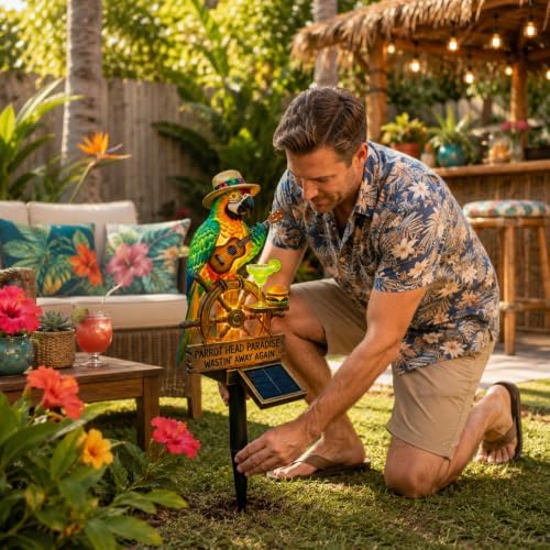 Resin Solar Parrot Garden Light Ground Stake, Waterproof Outdoor Solar Stake Light Tropical Yard Decor for Patio, Lawn, Pathway Flower Bed, Unique Gift for Gardeners (Ukulele & Cocktail)