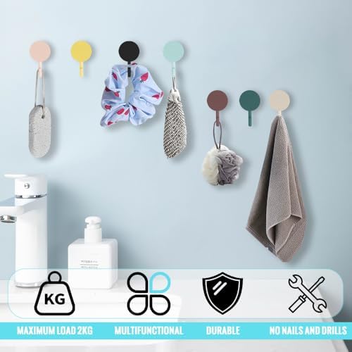 12 Pack Self Adhesive Wall Hooks, No Drill Waterproof Multi-Color Round Plastic Utility Hooks, Heavy Duty Towel Key Holder for Bathroom, Door, Kitchen & Entryway, Random Bohemian Color