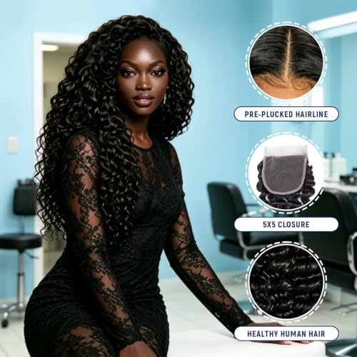 12A Deep Wave Human Hair Bundles with Closure