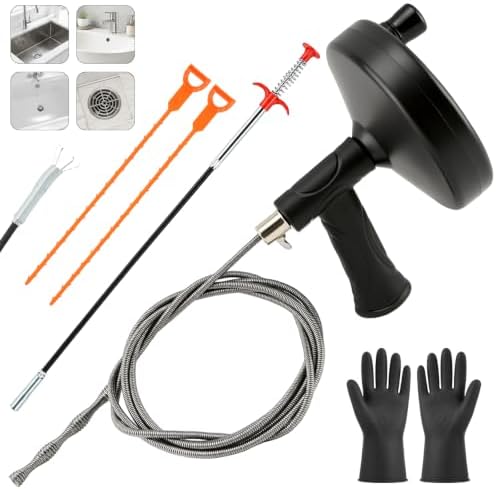 33 Feet Drain Auger, Plumbing Snake Drain Clog Remover with Drill Adapter