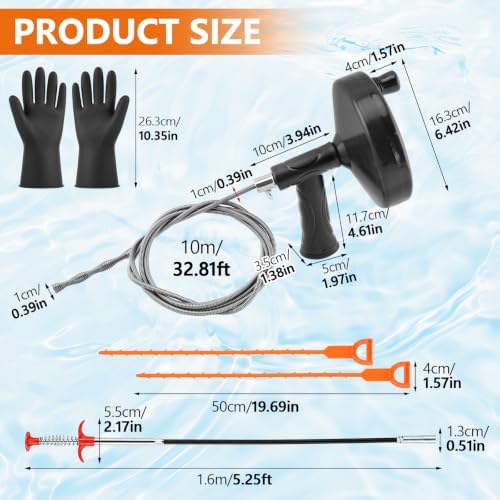 33 Feet Drain Auger, Plumbing Snake Drain Clog Remover with Drill Adapter