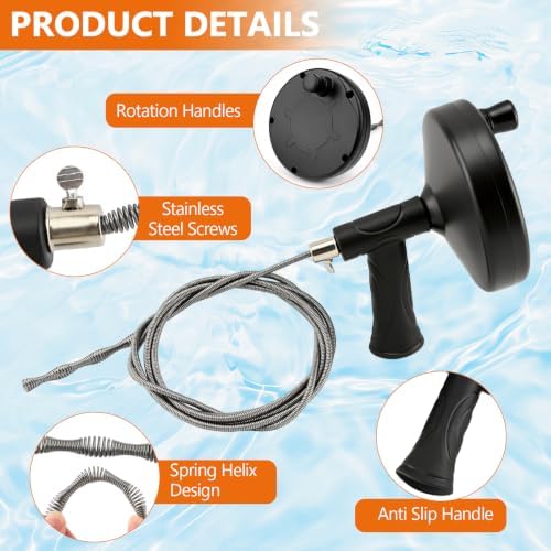 33 Feet Drain Auger, Plumbing Snake Drain Clog Remover with Drill Adapter