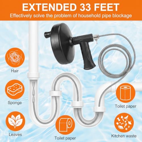 33 Feet Drain Auger, Plumbing Snake Drain Clog Remover with Drill Adapter